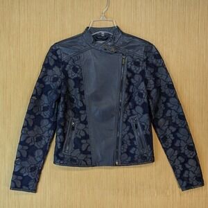 Bagatelle Collection Navy Blue Leather Floral Lace Mesh Moto Jacket Womens XS